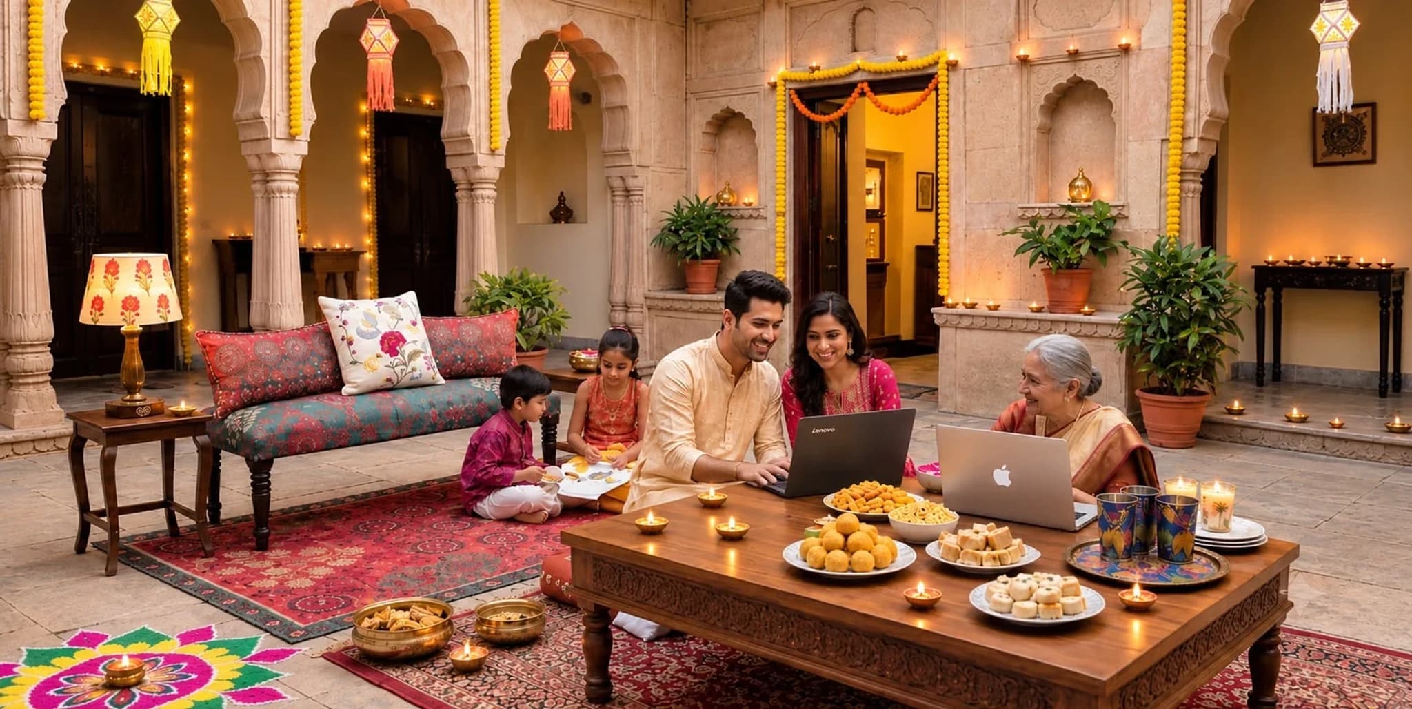 A family celebrating Diwali together at home with their new laptops